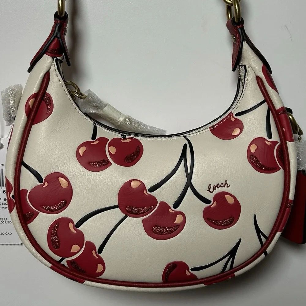 Coach‎ Jonie Glitter Cherry Print Brass Hardware Leather Crossbody Crescent Bag